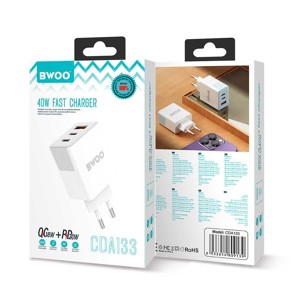 Ładowarka Sieciowa BWOO 40W 3 Wejścia! 2xUSB-C USB-A