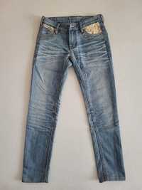 Spodnie dżinsowe, biodrówki roz S firmy Denim z ozdobieniami