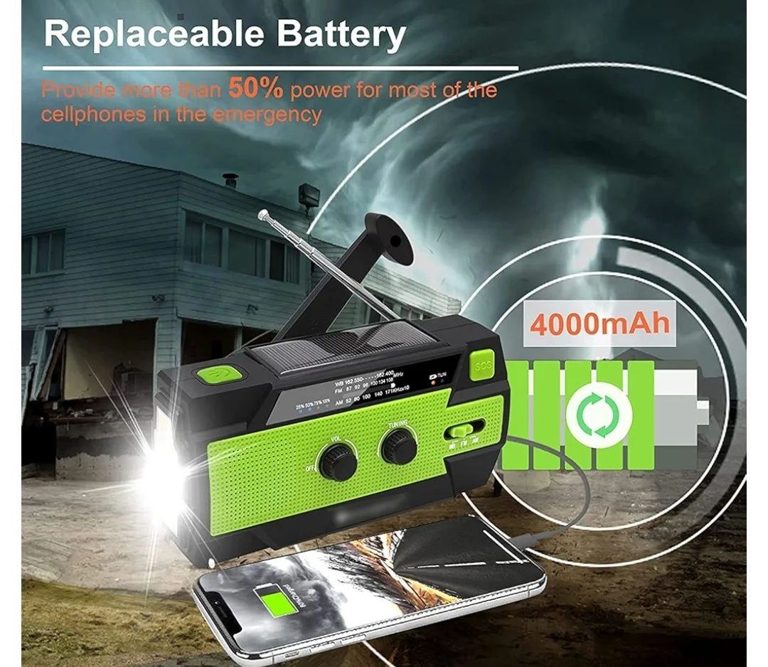 Radio korbowe, alarm SOS FM/AM radio awaryjne 4000 mAh solarne korba
