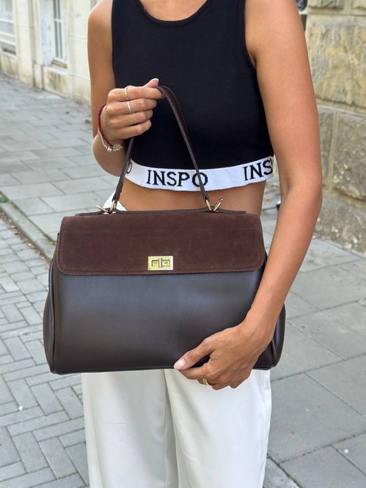 Безкоштовна доставка! Сумка коричнева комбінована  шкіра із замшею