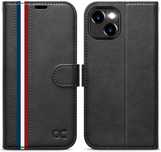 OCASE Skórzane Etui na iPhone 15 z Kieszenią na Karty i RFID, Czarny