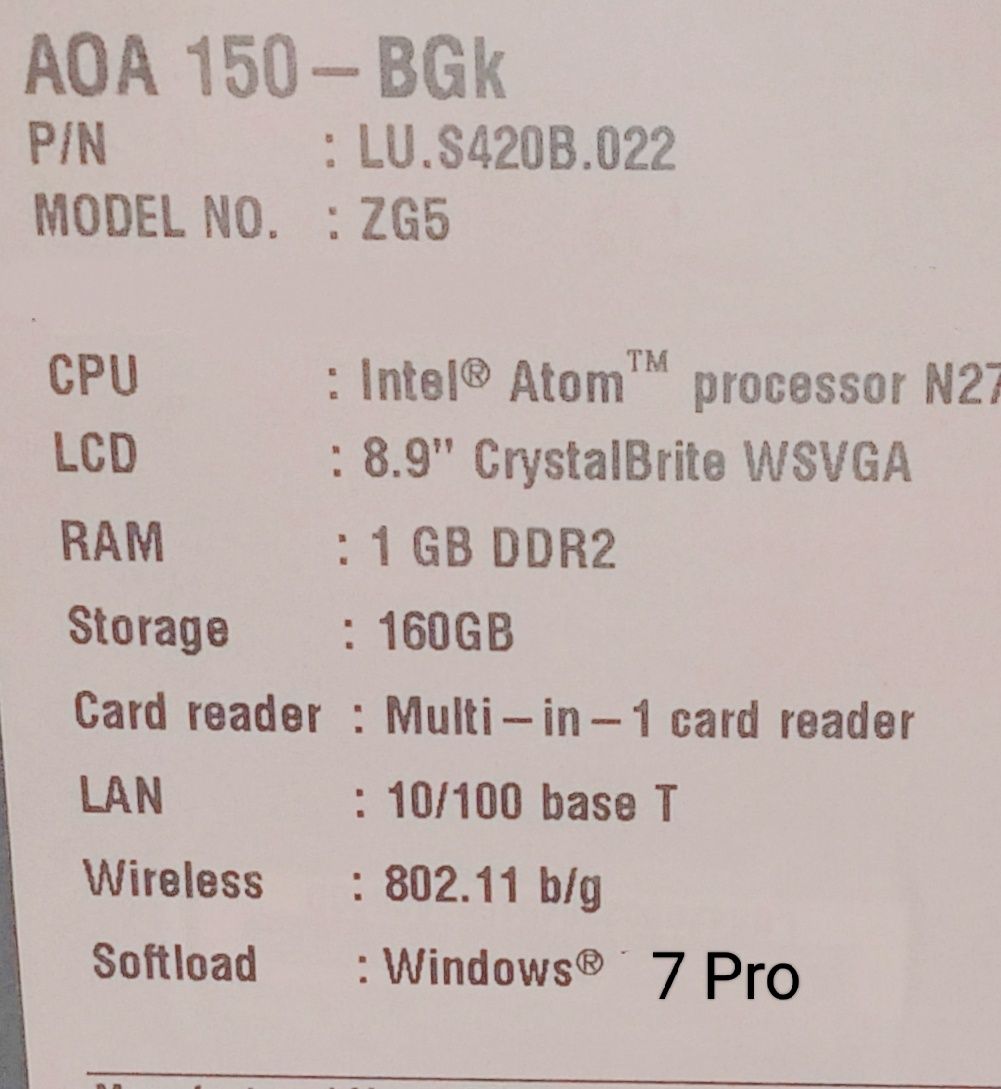 Нетбук 8,9" Acer Aspire One A150-BGk (LU.S420B.022) 3G. Робочий, охайн