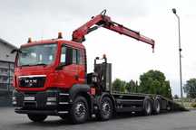 MAN TGS 35.360 / 8x2-4 / LAWETA + HDS HIAB 166 E-2 / OŚ PODNOSZONA / 4 OSIOWY / NAJAZDY HYDRAULICZNE / WCIĄGARKA / POMOC DROGOWA / EURO 5 EEV
