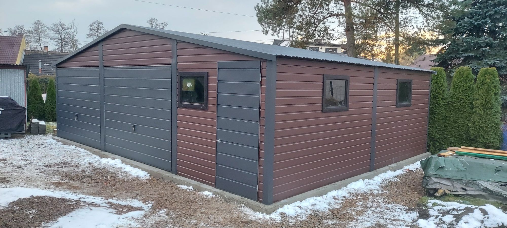 Garaż blaszany drewnopodobny 6x6 plus 2m wiata