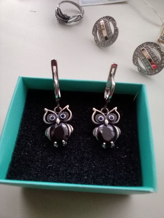 Серебряные  кольца серьги совы. серебро с золотом