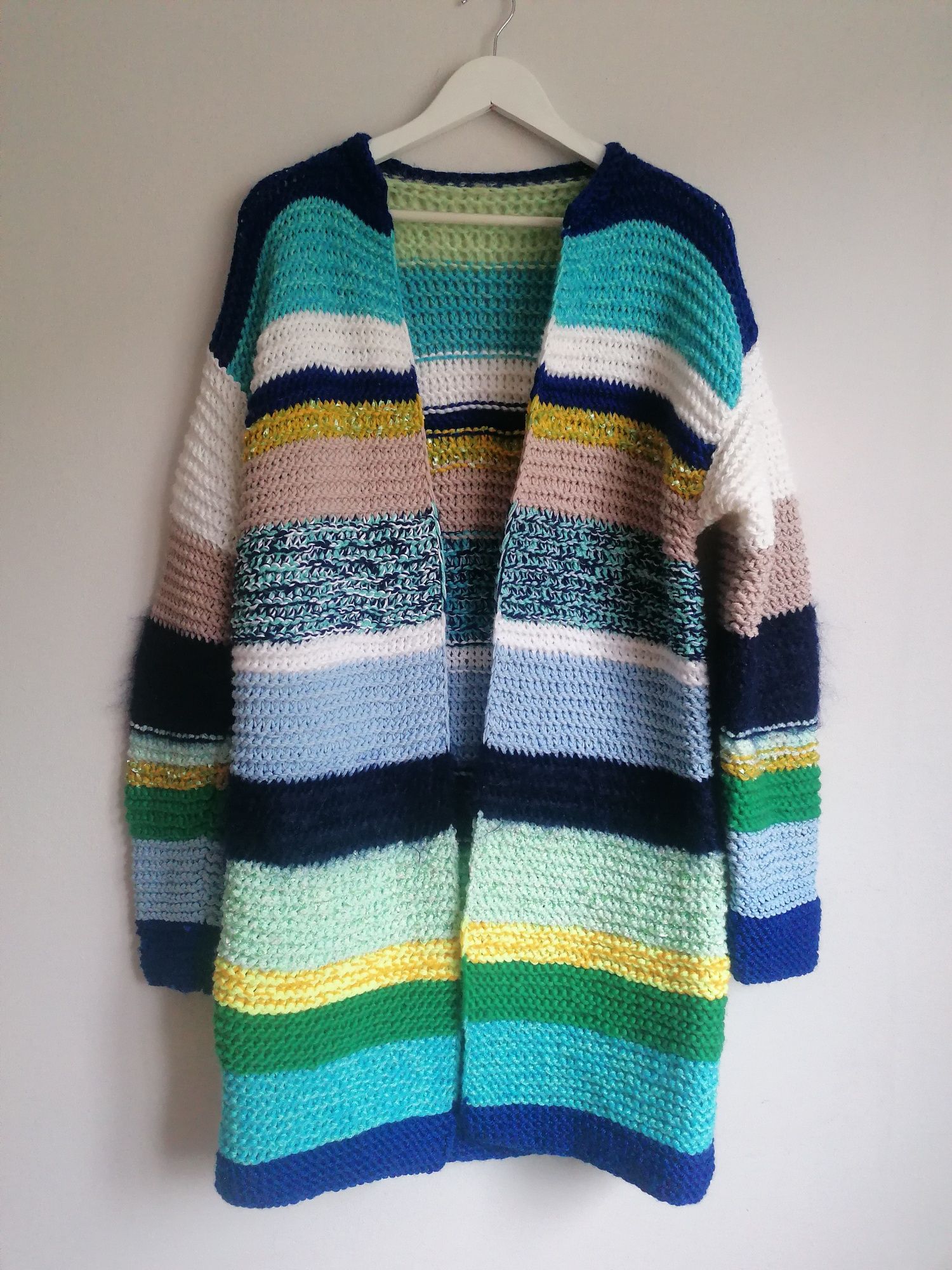 Kolorowy patchworkowy sweter Handmade robiony na drutach M L