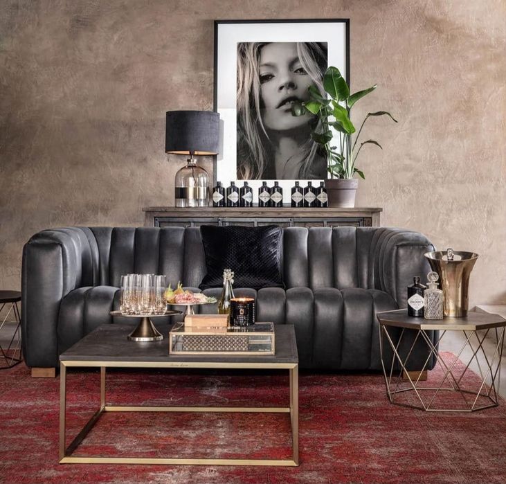 Riviera Maison Sofa 3,5 Seater Skóra Charcoal|TRANSPORT