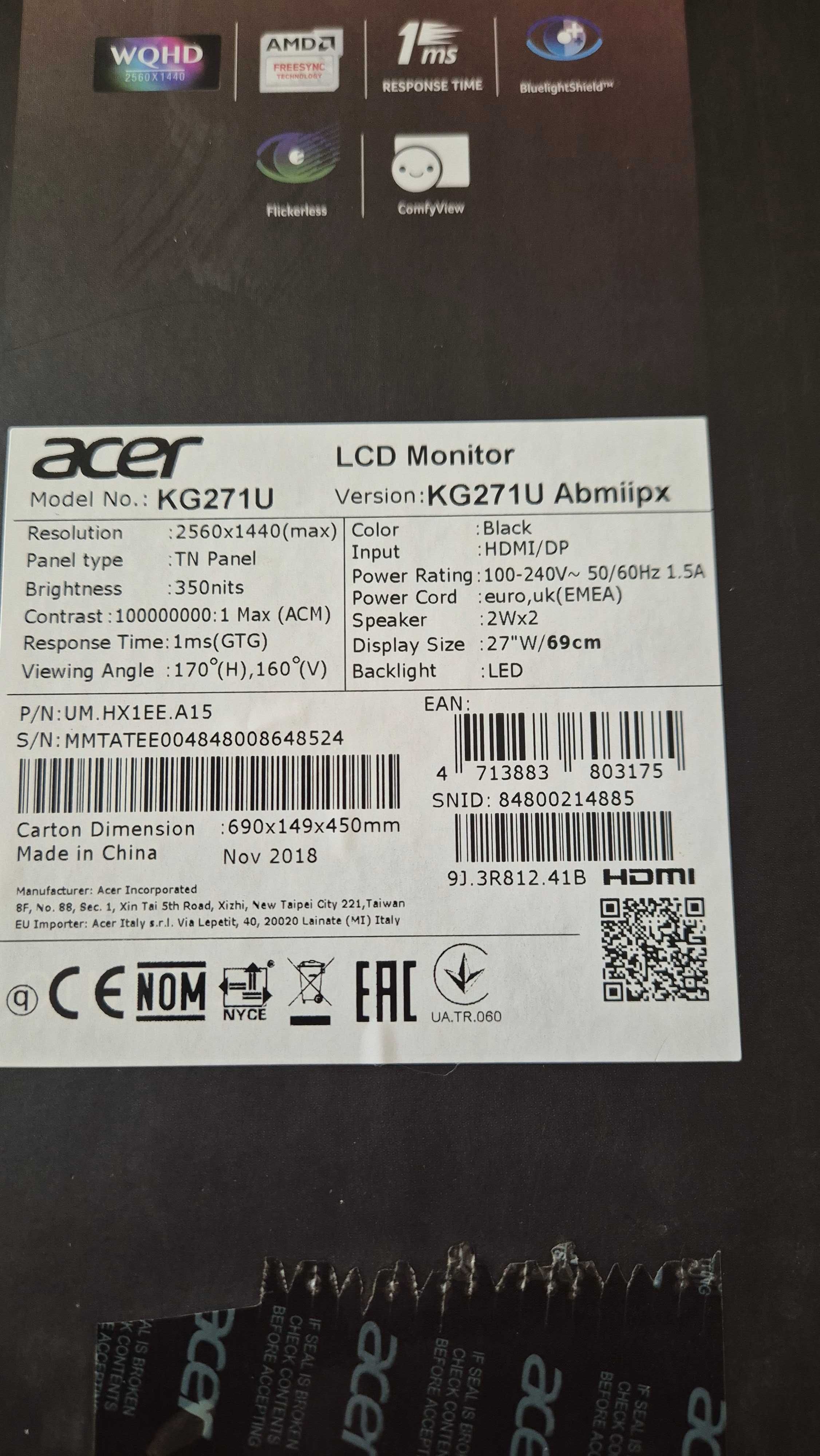 Monitor gamingowy ACER KG271U, doskonały stan, komplet