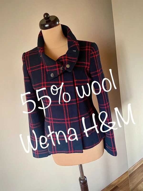H&m hm kurtka plaszcz marynarka kratka wełna komin wool m l 38 40