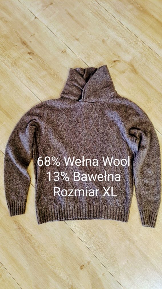 Sweter, Golf. 68% Wełna Wool. Brązowy. Warkocze plecionki. XL