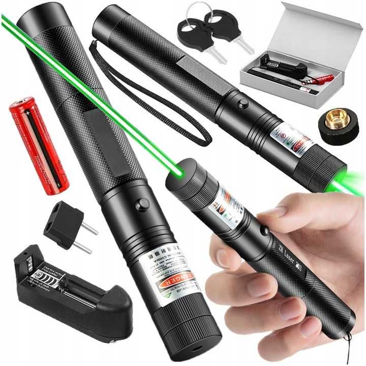 Mocny Zielony Laser Wskaźnik 4w1 Akumulator + Ładowarka + Soczewka