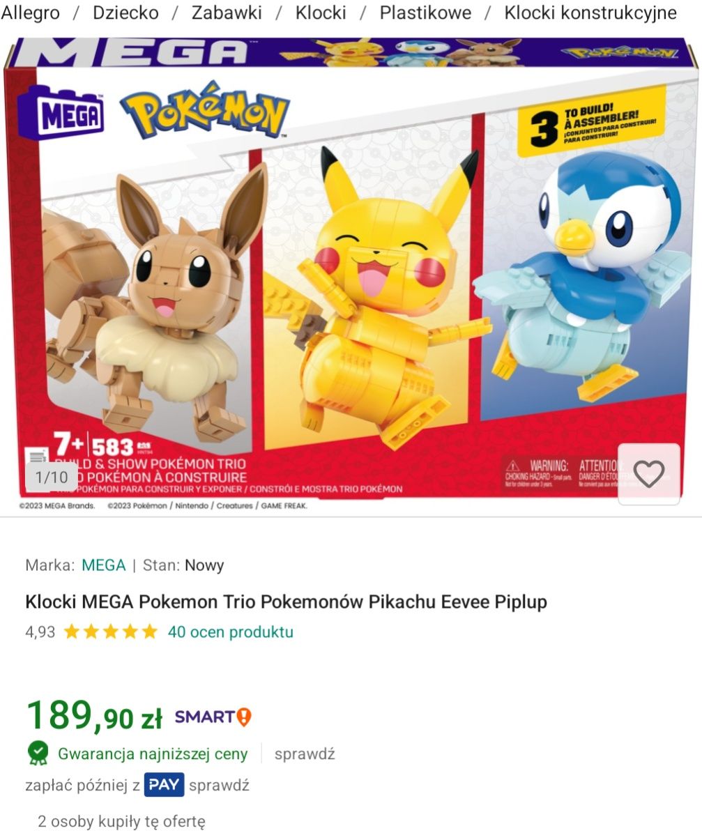 Klocki Mega Pokemon 3 figurki Pikachu Eevee Piplup