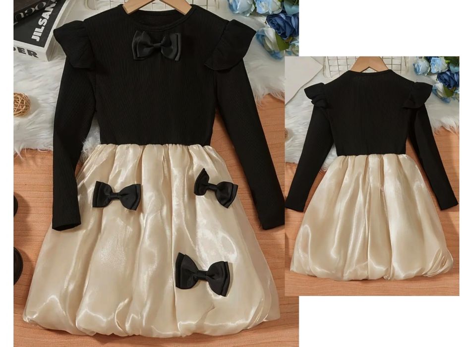 NOWA Piekna Sukienka Wizytowa 104 110 Kokardy czarna kremowa Elegancka