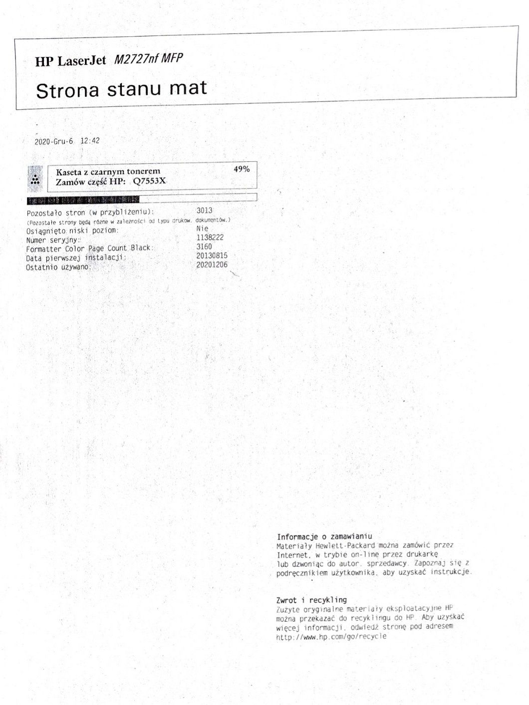 Urządzenie wielofunkcyjne HP LaserJet M2727 nfs
Drukarka Ksero Skaner
