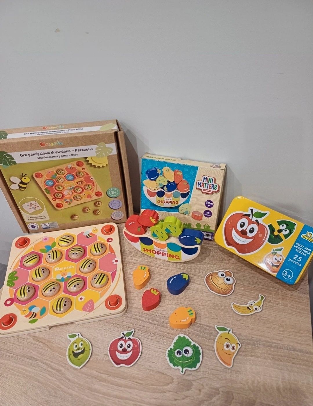 Drewniany zestaw Montessori,memory, drewniane puzzle owoce i warzywa,p