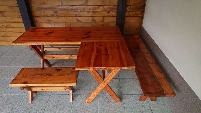 Meble ogrodowe - Stół i trzy ławy drewniane