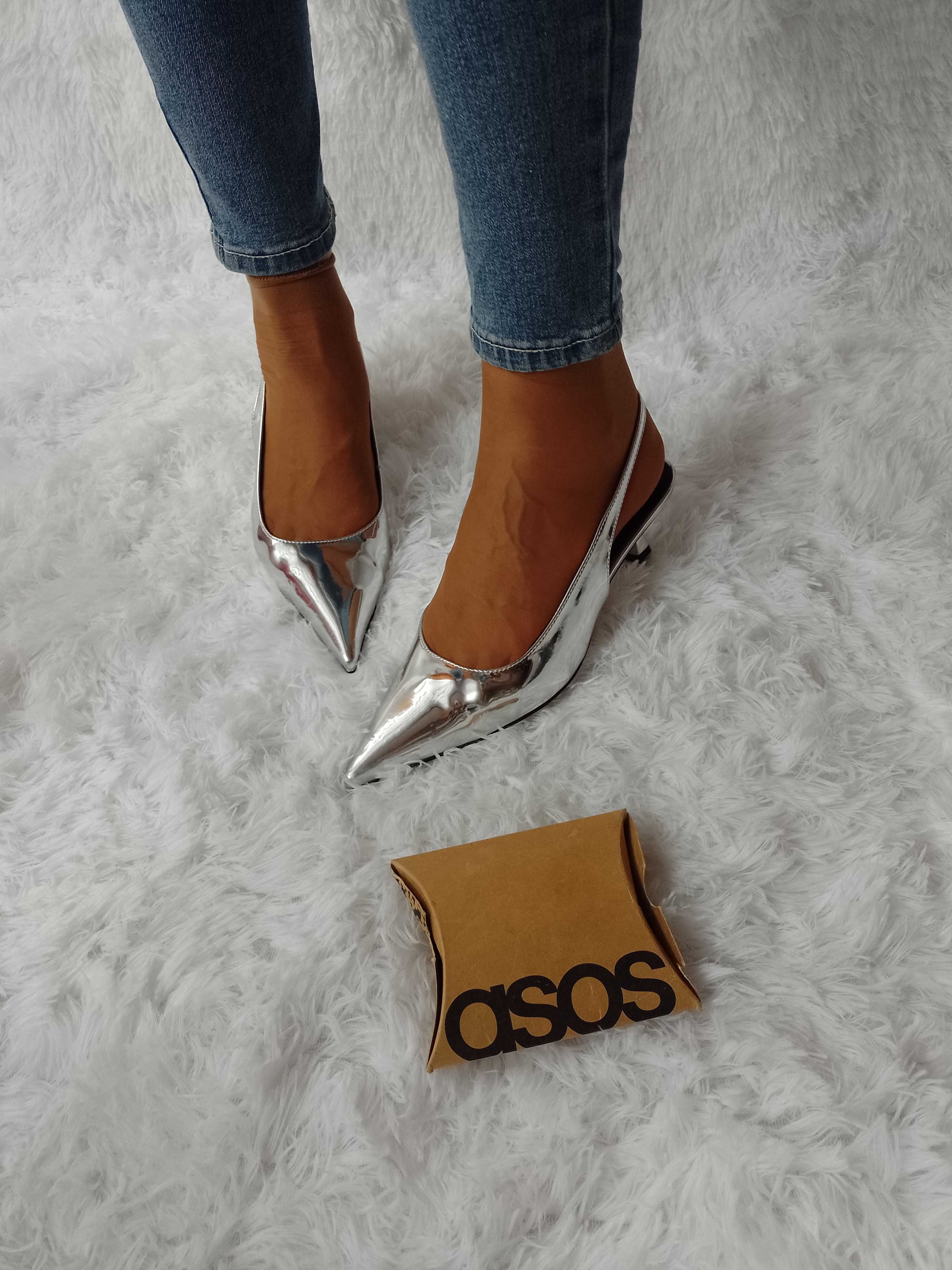 (39) ASOS/ Srebrne czółenka z odkrytą piętą z Londynu, NOWE