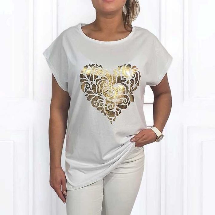 Bluzka damska biała lato serce złoty gold rozmiar 42/44/46 2XL 3XL 4XL