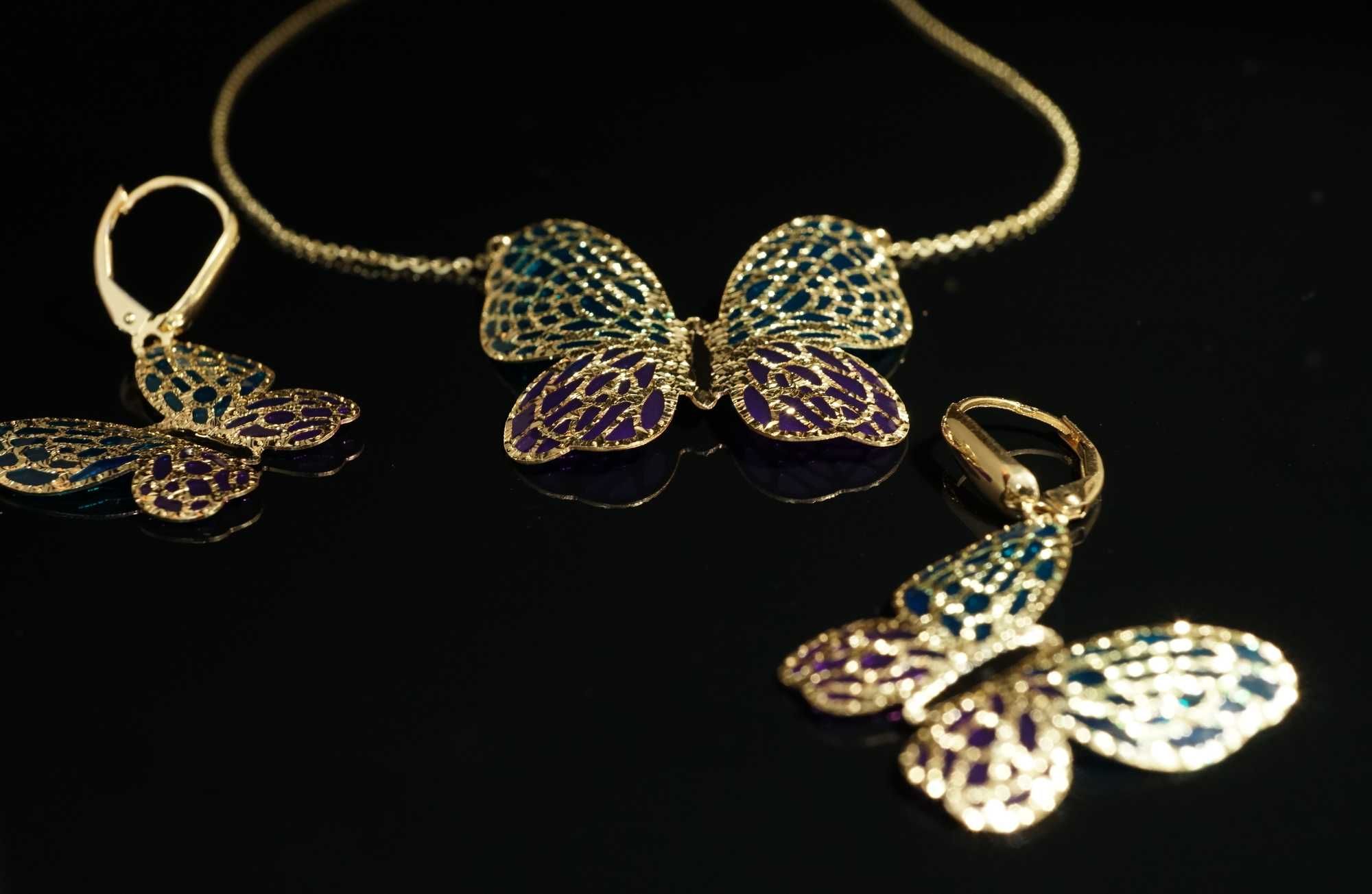 Złoto 585 - złoty komplet kolczyki łańcuszek Motyl Motyle