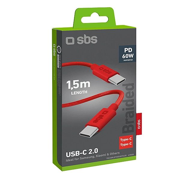 Kabel SBS TECABLETISSUETCCR USB-C - USB-C 1,5m 60 W w oplocie - czerwo