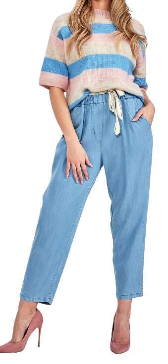 Jeansowe spodnie cygaretki z wiązaniem uni jasny niebieski