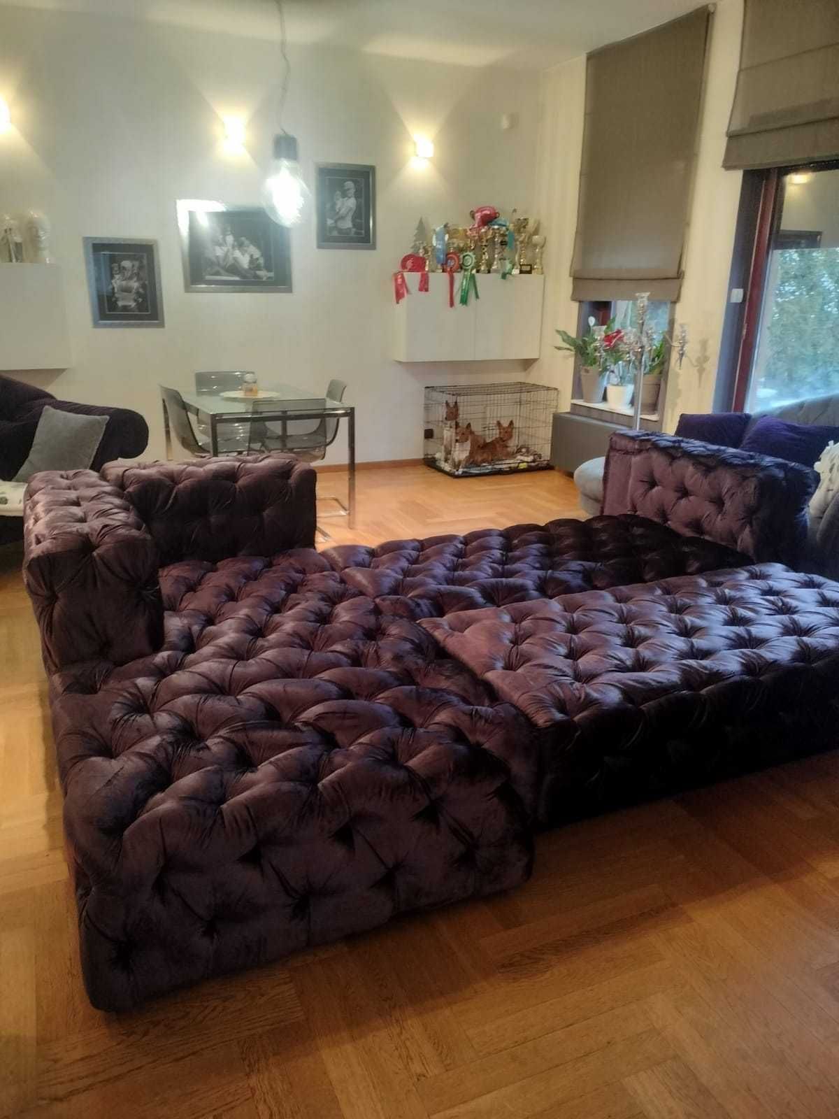 DUŻY narożnik rozkładany CHESTERFIELD z pik siedziskiem sofa do SALONU