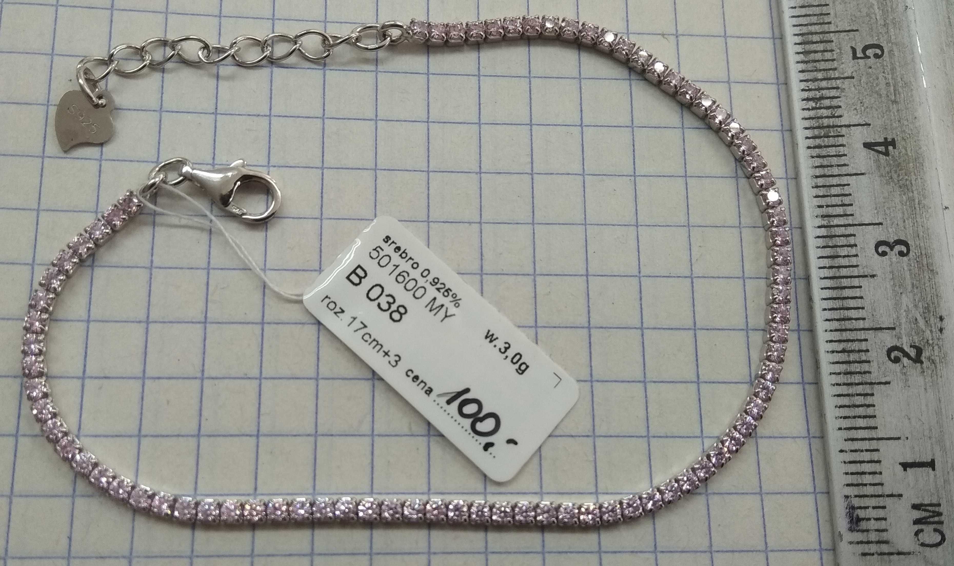 Bransoletka z różowymi cyrkoniami Srebro 925 NOWE 17+3cm