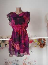 Sukienka luźna w kwiaty fioletowa krótki rękaw M 38