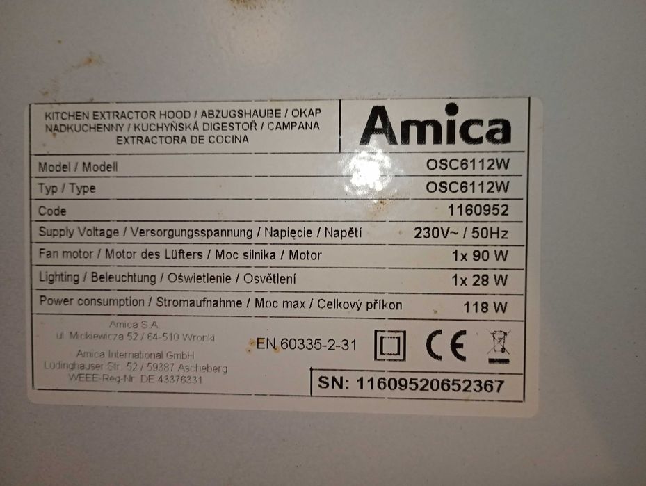 Okap podszafkowy Amica OSC6112W biały