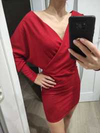 PAKUTEN czerwona bordowa sukienka mini KOPERTOWA S/M
