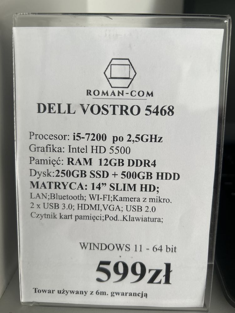 Laptop Poleasingowy DELL 5468: i5-7200 2,5GHz/Dyski 768GB/12GB DDR4/14