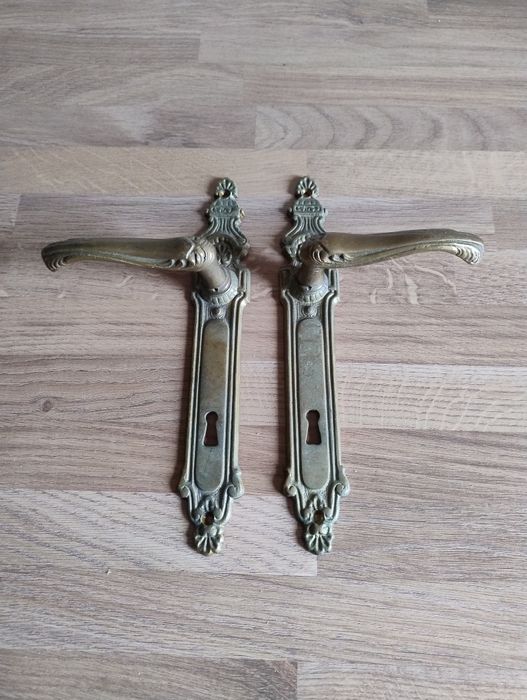 klamka z szyldem stara zdobiona mosiądz 2szt komplet