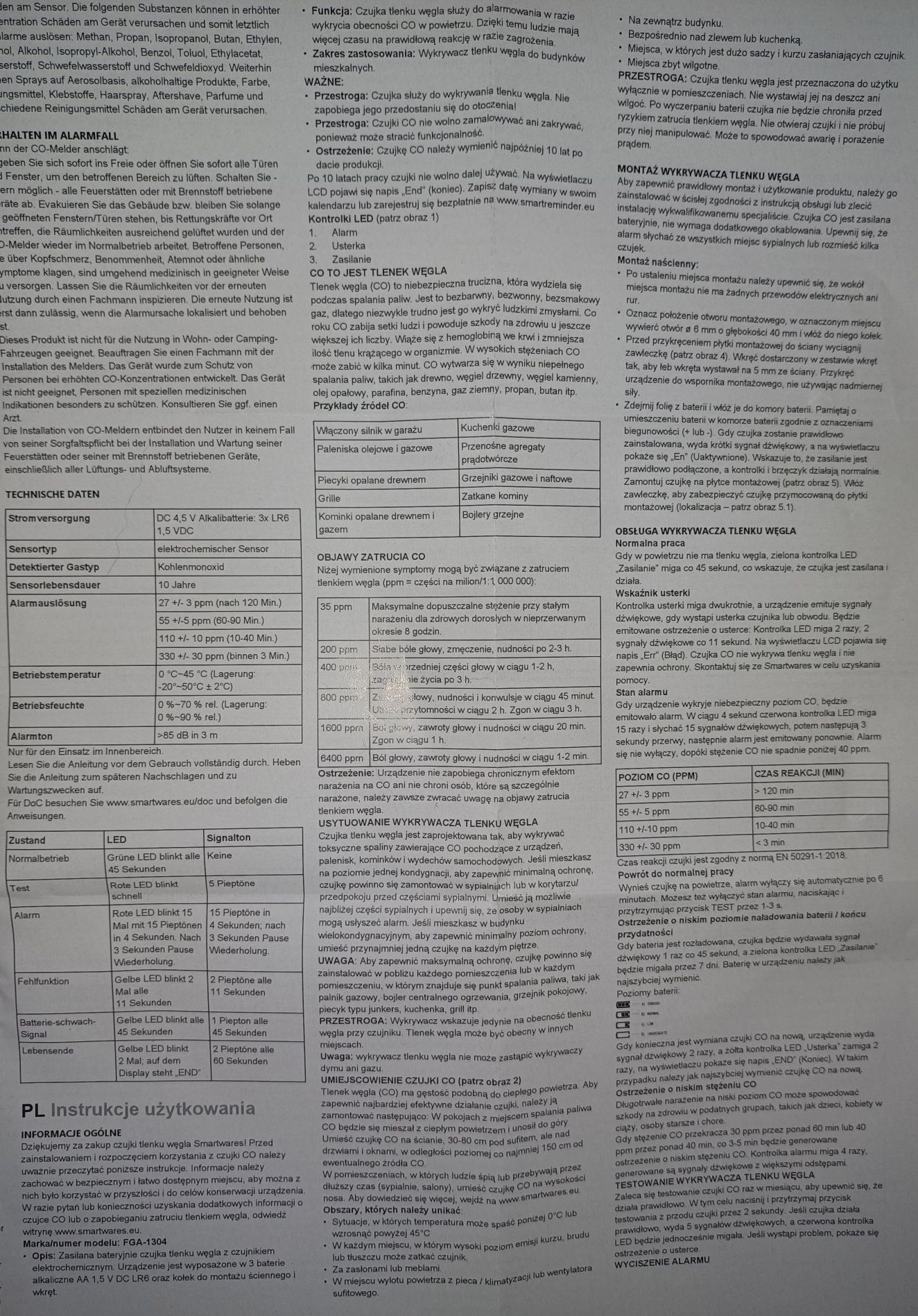 Czujnik czadu tlenku węgla BATERYJNY SMARTWARES