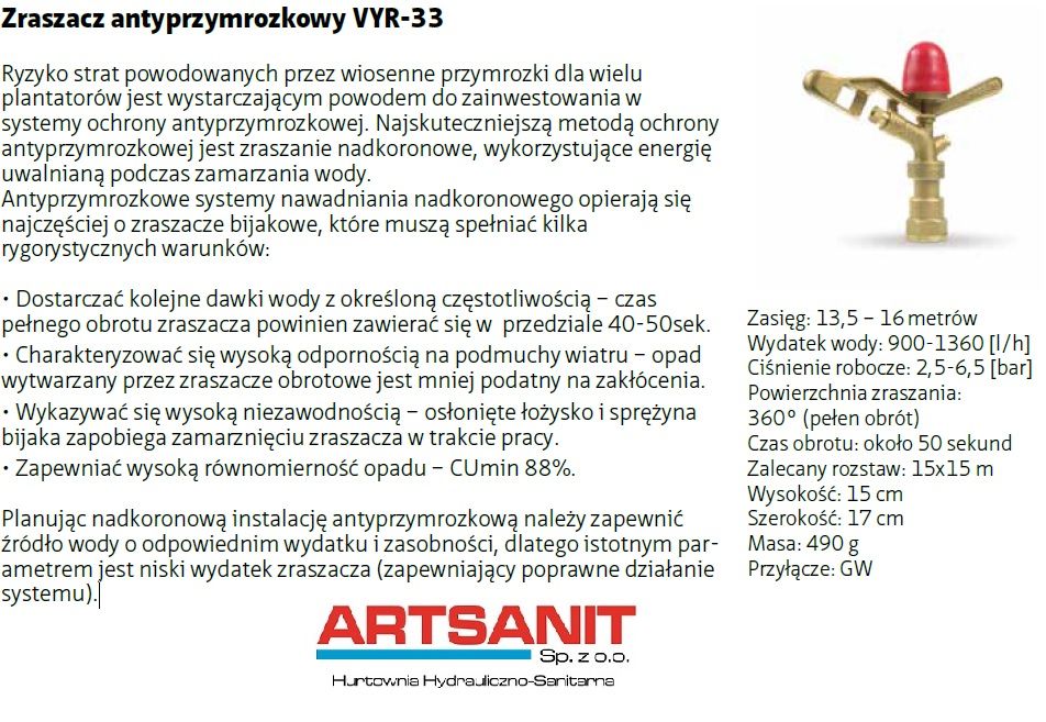 Zraszacz antyprzymrozkowy VYR-33 3/4 GW mosiężny przeciwprzymrozkowy