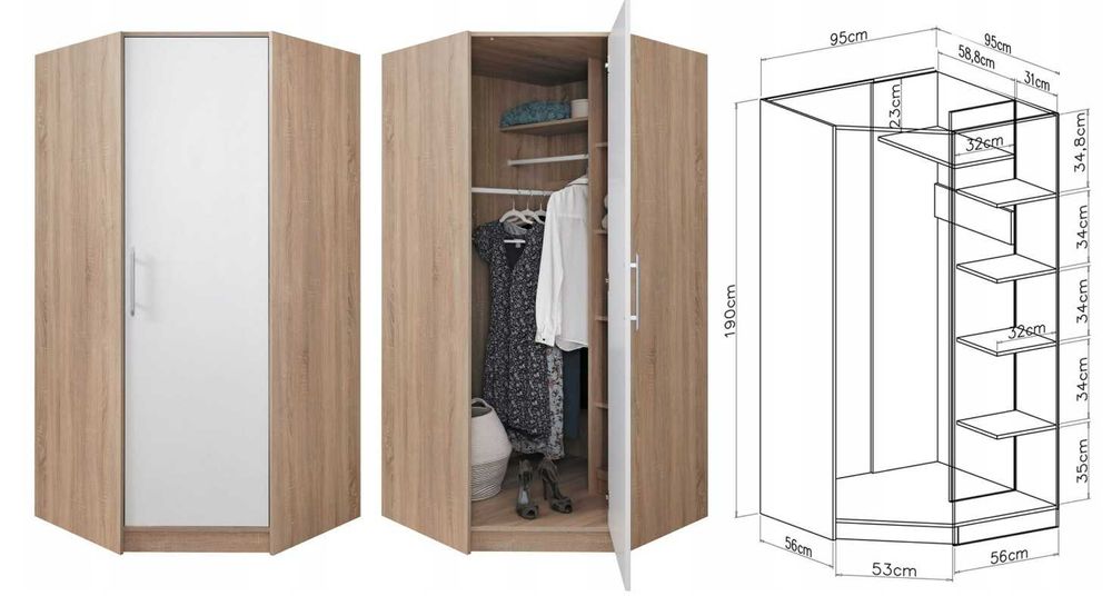 wysoka 230 cm szafa narożna z półkami dąb Kaszmir Antracyt sonoma HIT