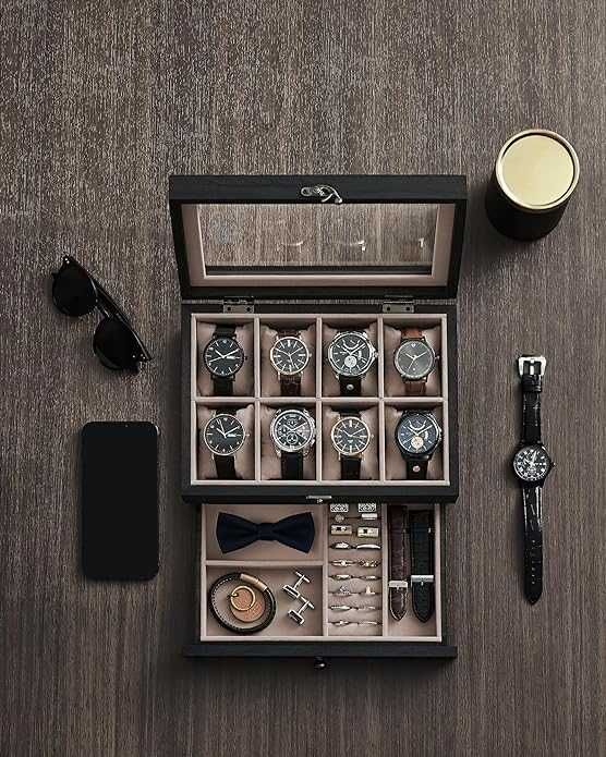 Pudełko na zegarki z 8 przegrodami, pudełko na zegarki z litego drewna