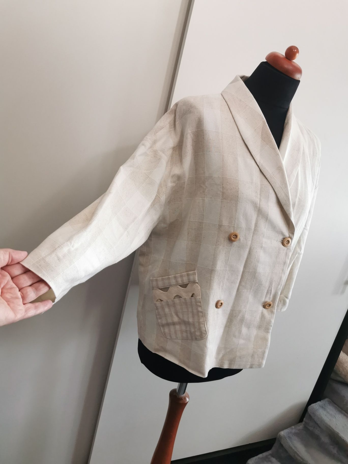 Śliczny marynarka żakiet w kratę beżowo kremową 20% len S/M oversize