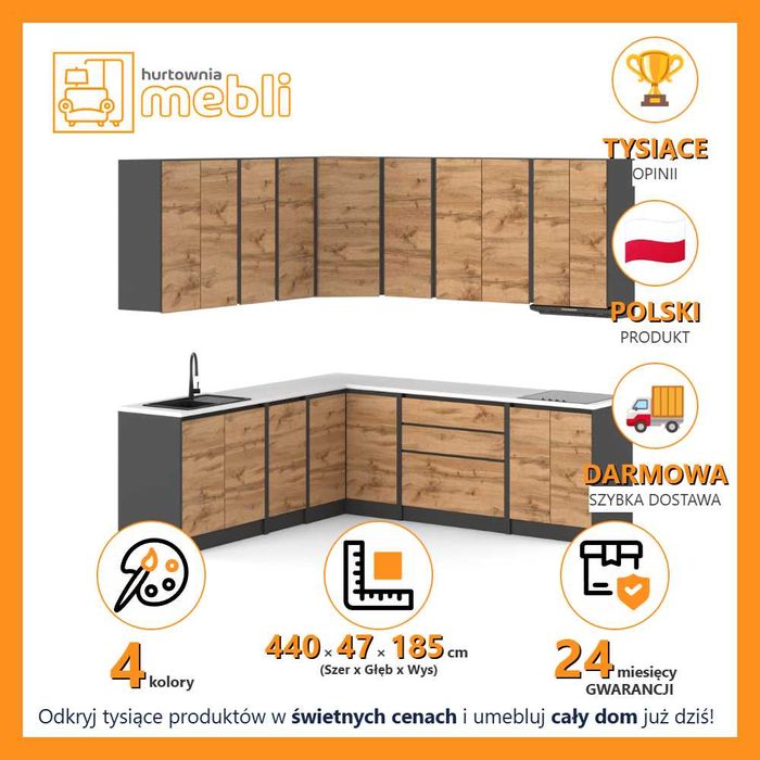 Kuchnia Skandynawska Narożna Bella 4.2m Zestaw Modułowy Szary Wotan