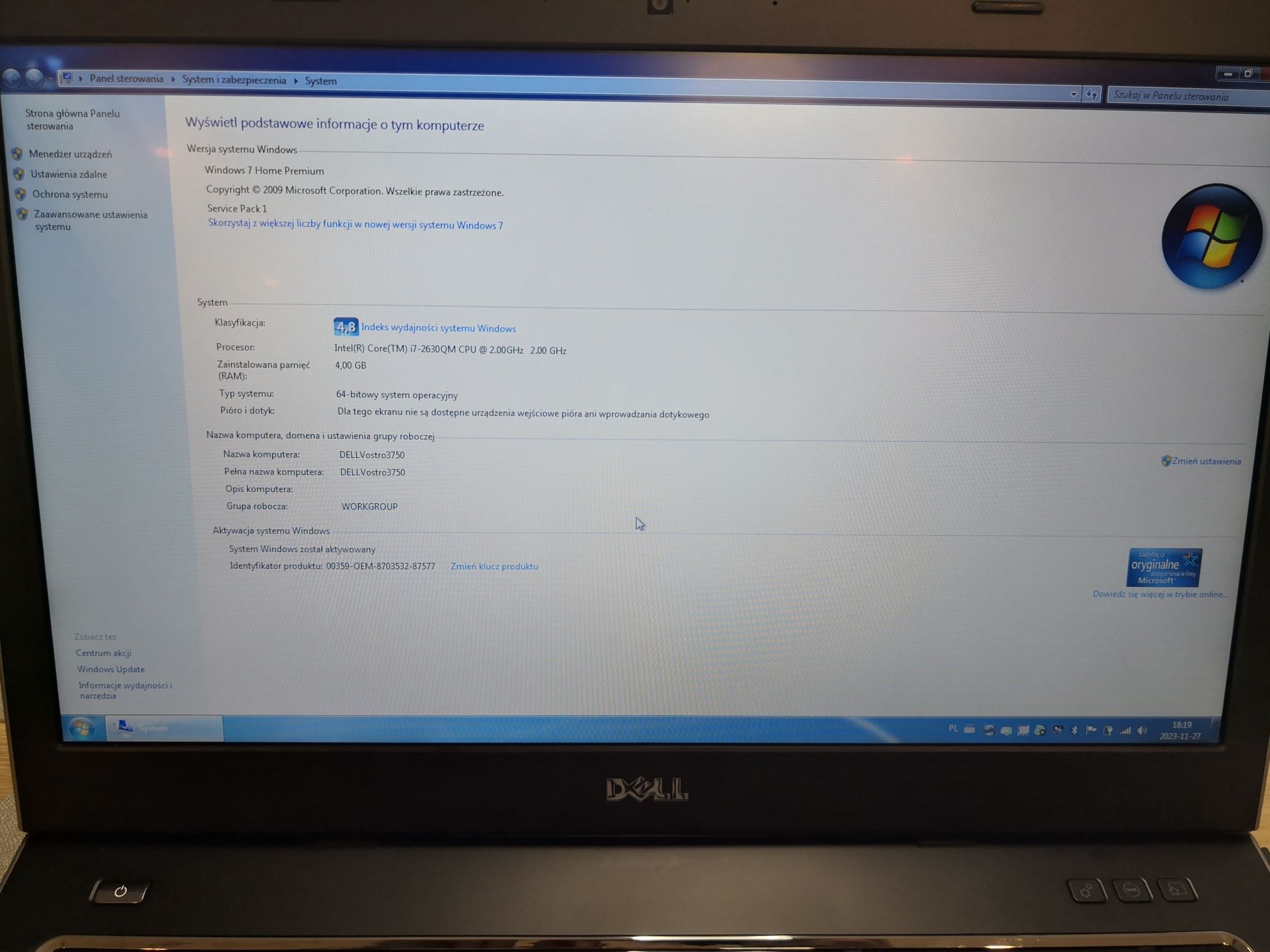 DELL VOSTRO 3750 i7, 750GB, 4GB RAM, 64 bit, 17,3 cala, Srebrny, TORBA