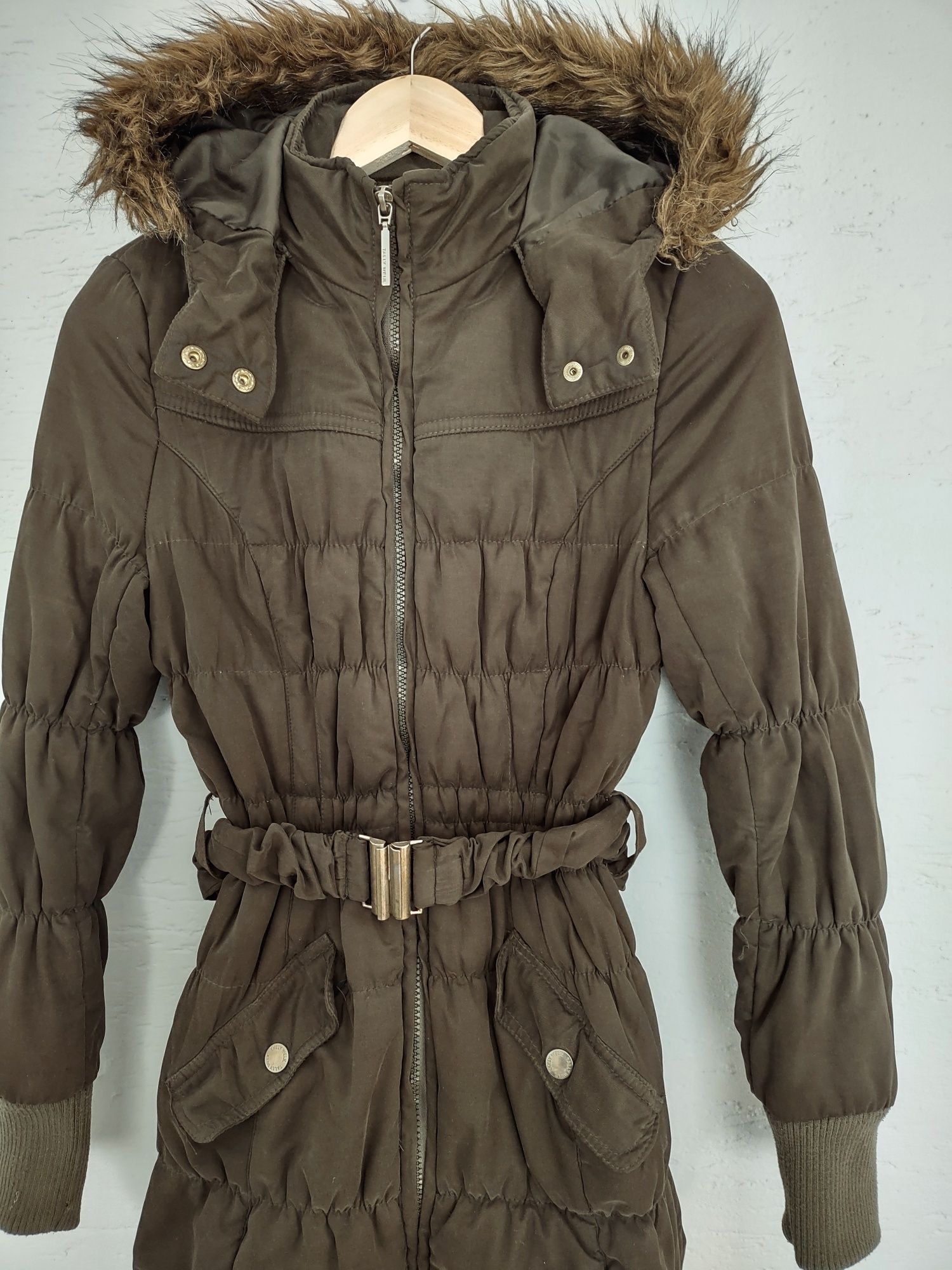 Khaki zielona kurtka długa ciepła zimowa futerko pasek XXS XS