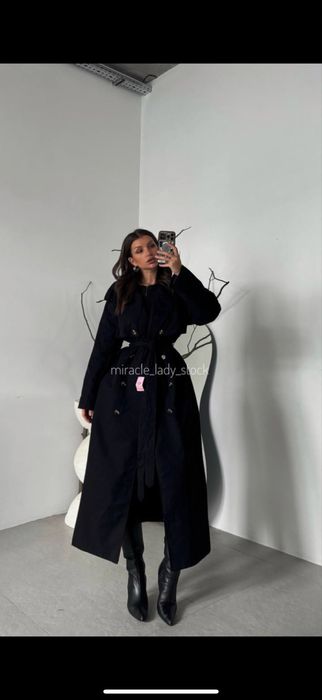 Чорний котоновий тренч з поясом на підкладі