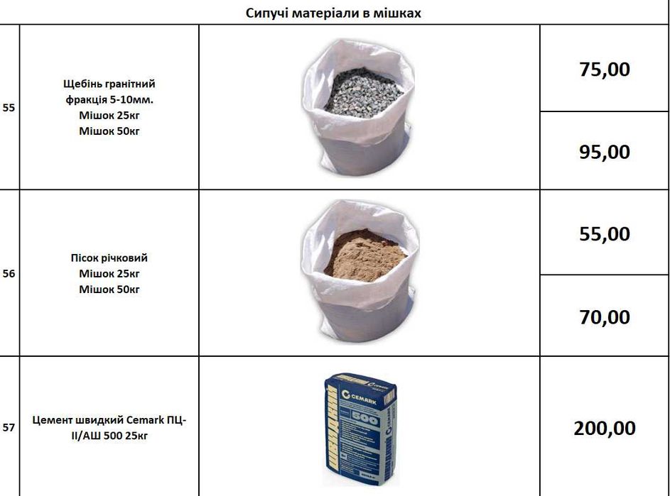 Пісок, Щебінь, Цемент у мішках(Цемент, Щебень, Песок в мешках)