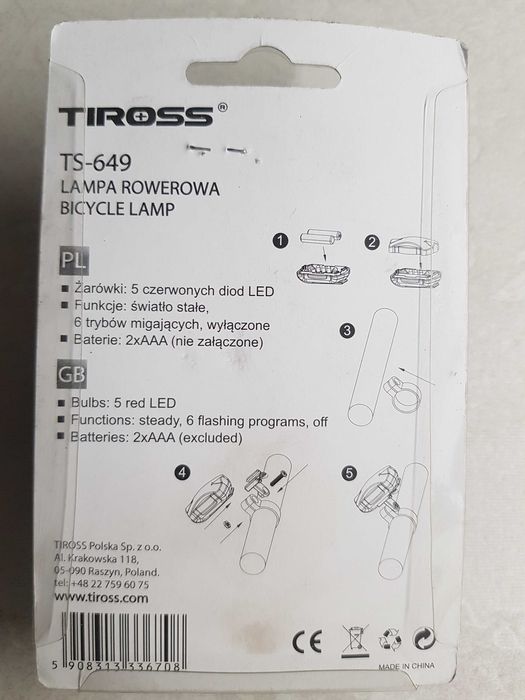 Lampa rowerowa tylna 5 led TIROSS TS-649