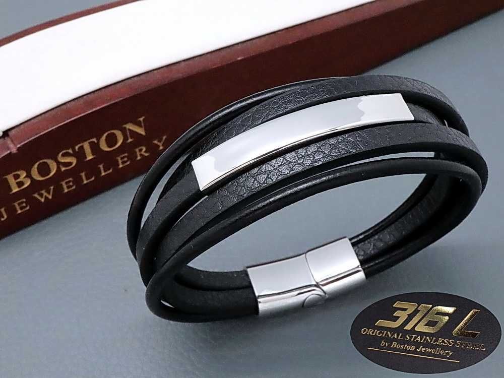 Skórzana Bransoletka Męska STAL SZLACHETNA PREMIUM Boston Jewellery