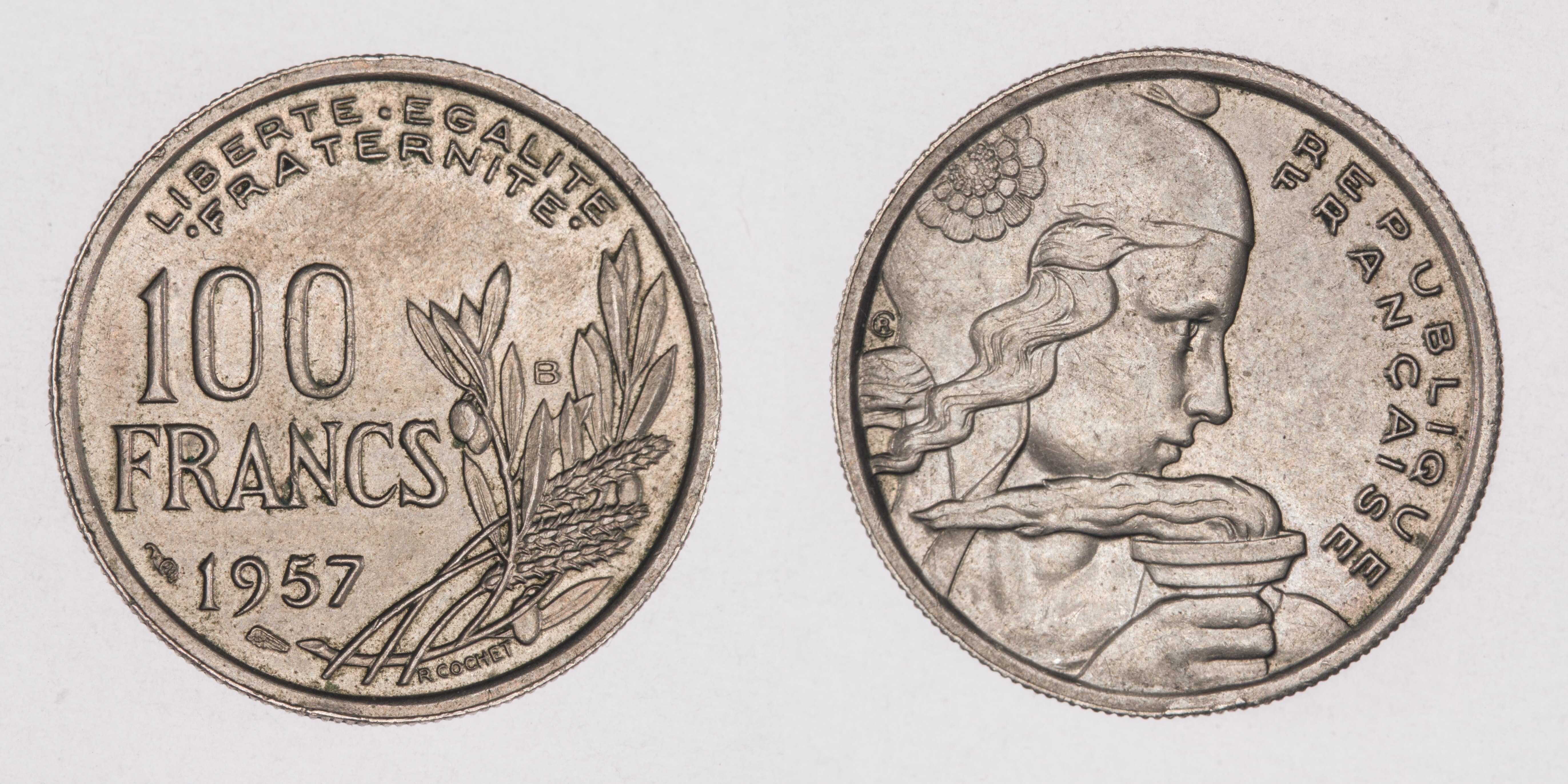 Francja - zestaw 100, 10 franków 50c 20c 10c 1c z lat 1957 - 1984