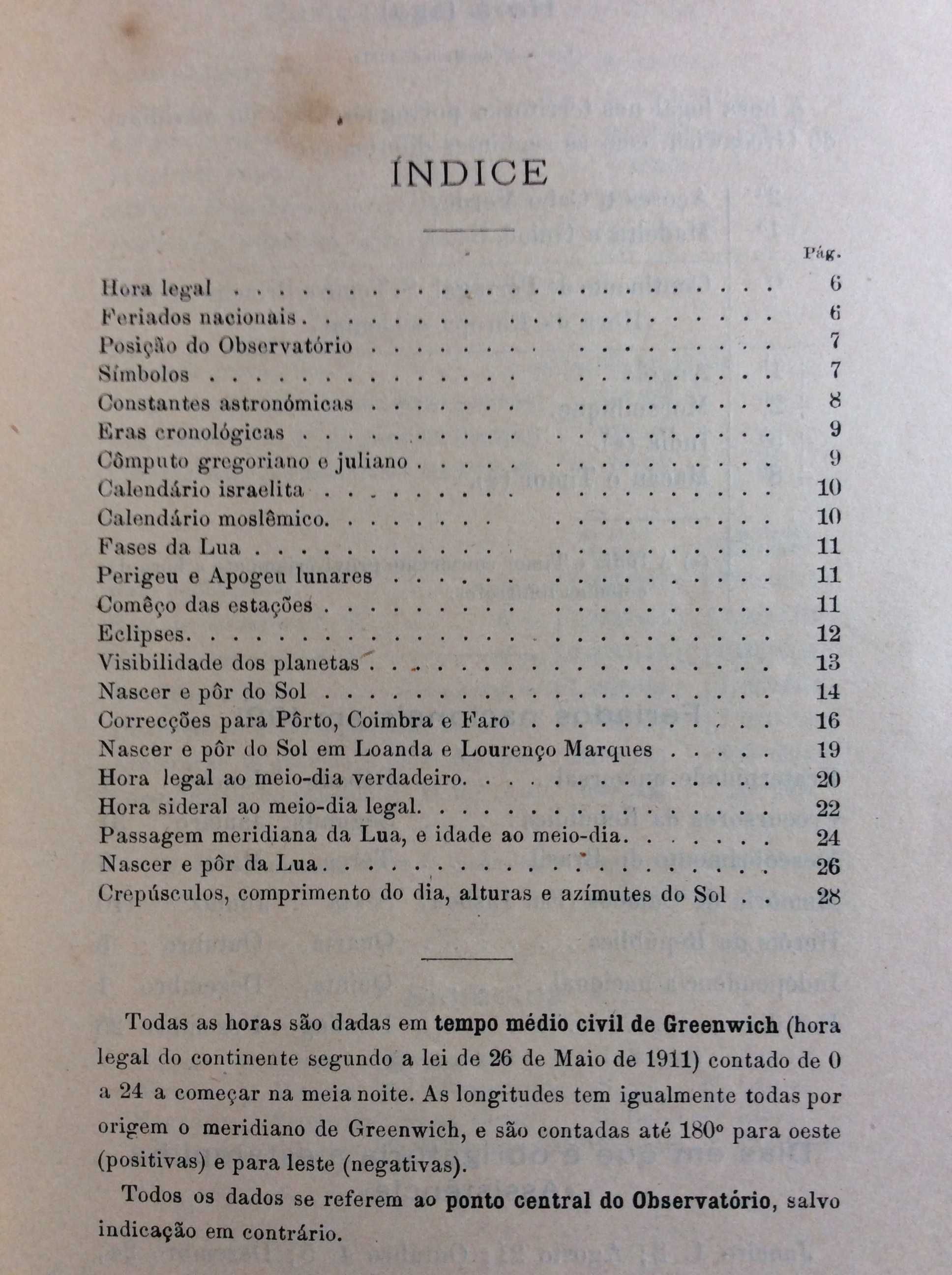 Dados astronómicos para os almanaq. de 1921 para Portugal. Ver índice
