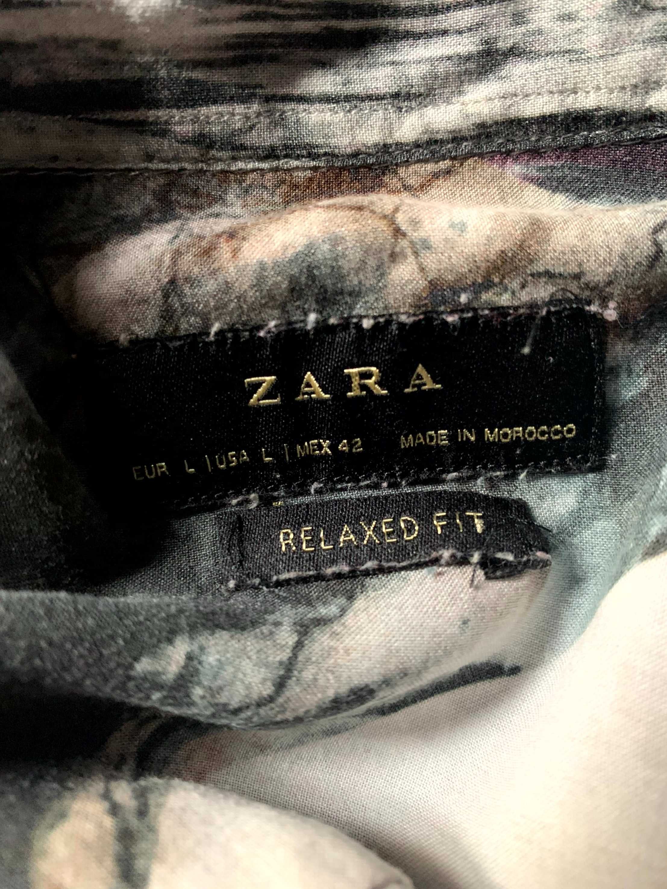 Zara szaro-beżowa koszula we wzór długi rękaw relaxed fit rozm. L BDB