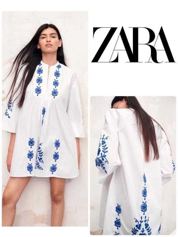 Белое свободное платье в вышивку хлопок от zara