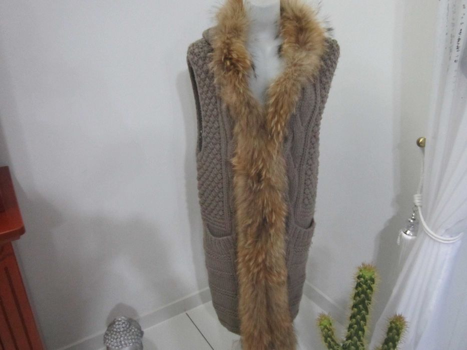 kamizelka wełniana z futrem naturalnym lisa rozm L-XL