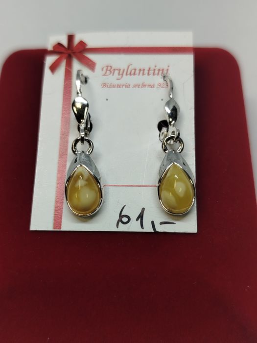 Srebrne kolczyki z mlecznym bursztynem, srebro próby 925